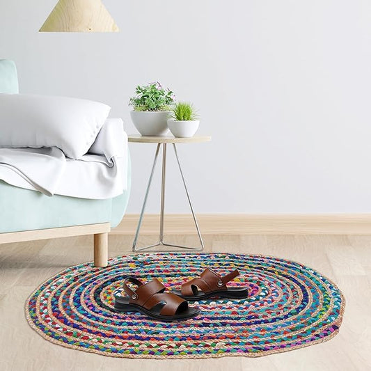 Craft Trade Hand Woven Jute Area Rug Multicolor Reversible Jute Area Rug Braided Farmhouse Living Room, Outdoor, Kitchen Bedroom Chindi Rug (2' x 3', Oval)