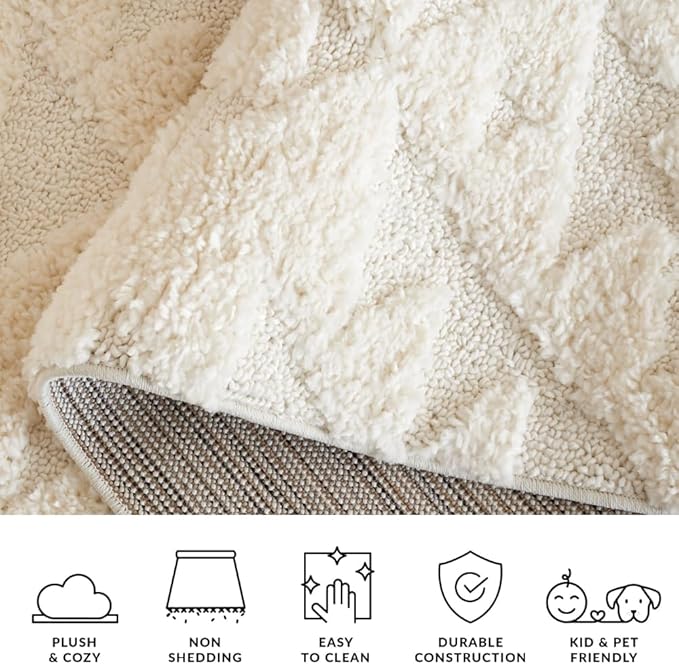 Safavieh Moroccan Tassel Shag Collection Area Rug - 5'3" Square, Ivory, Geometric Design, Plush 1.5 Inch Thick Ideal for High Traffic Areas in Living Room, Bedroom, Dining (MTS688C)