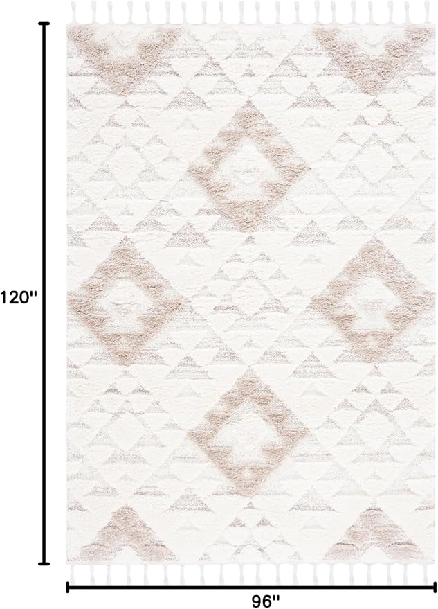 Safavieh Area Rug 8x10 - Moroccan Tassel Shag Collection - Large - Ivory & Beige, Boho Design, Non-Shedding & Easy Cleaning, Plush Pile, Ideal for Living Room, Bedroom, Dining Space (MTS688B)
