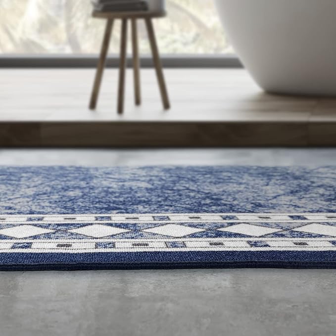 Antep Rugs Alfombras Modern Bordered 2x5 Non-Skid (Non-Slip) Low Profile Pile Rubber Backing Kitchen Area Rugs (Navy Blue, 2' x 5' Oval)