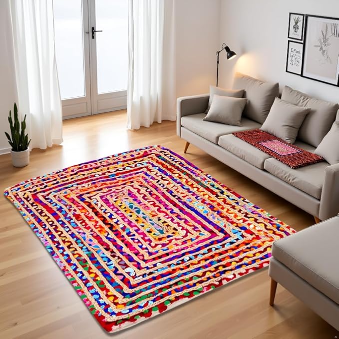 Craft Trade Hand Woven Chindi Jute Rag Rug Multicolor Reversible Area Rug Braided Farmhouse Living Room, Outdoor, Kitchen Bedroom Chindi Rug (4' x 6', Rectangle)
