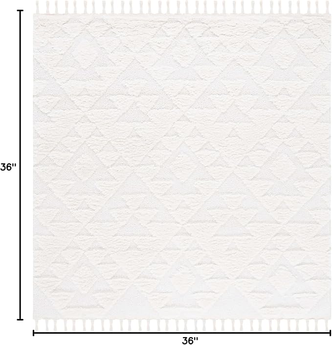 Safavieh Moroccan Tassel Shag Collection Area Rug - 3' Square, Ivory, Geometric Design, Plush 1.5 Inch Thick Ideal for High Traffic Areas in Living Room, Bedroom, Dining (MTS688C)