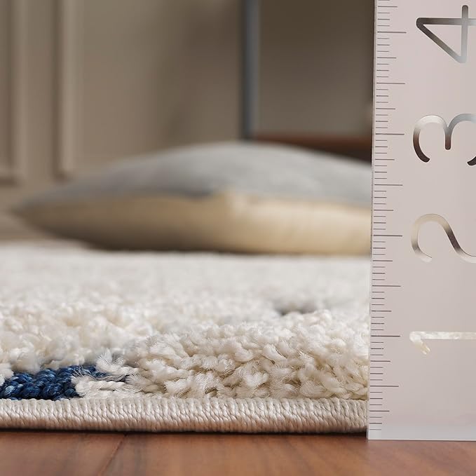 Safavieh Florida Shag Collection Area Rug - 2' x 3', Cream/Blue, Geometric Design, Plush 1.2 Inch Thick Ideal for High Traffic Areas in Living Room, Bedroom, Dining (SG471-1165)