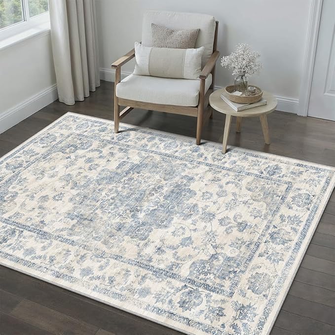 3x5 Washable Neutral Area Rug Blue Entryway Non-Slip Low Pile Floral Door Mat Vintage Lightweight Vacuumable Carpet Soft Thin Small Throw Rug for Bathroom Indoor
