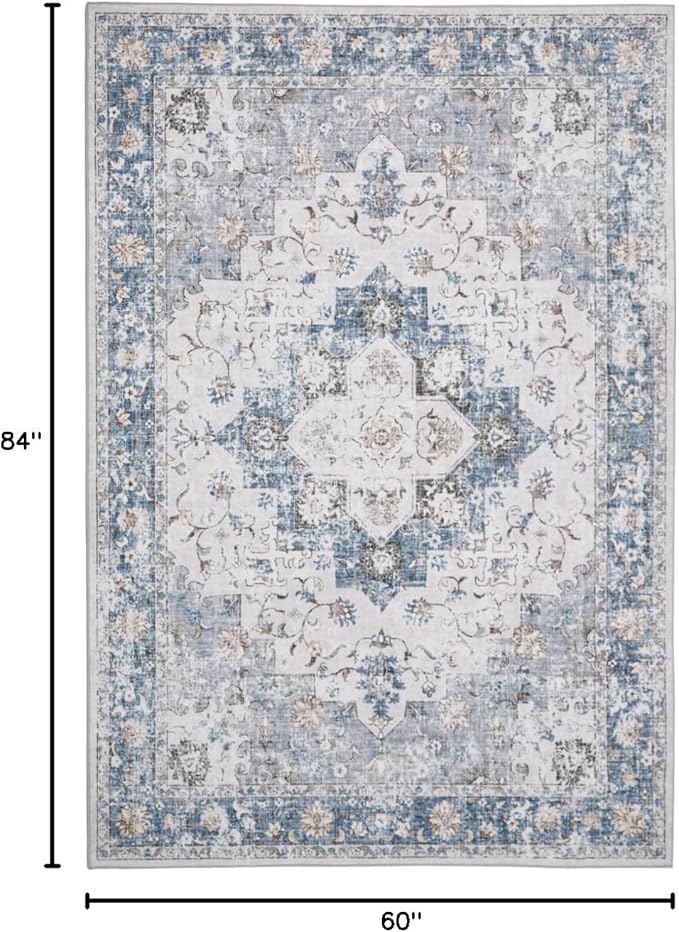 Area Rug 5x7 Machine Washable Rug Vintage Traditional Floor Cover Foldable Thin Retro Indoor Non Slip Carpet Floral Print Mat Bedroom Living Room Dining Room Office,Numerous Flower Blue