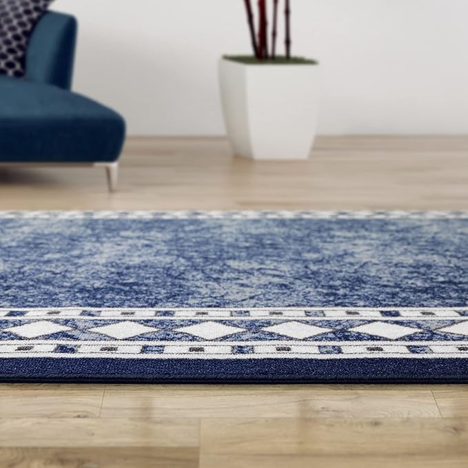 Antep Rugs Alfombras Modern Bordered 3x5 Non-Skid (Non-Slip) Low Profile Pile Rubber Backing Indoor Area Rugs (Navy Blue, 3' x 5')