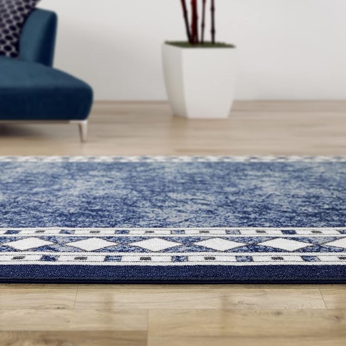 Antep Rugs Alfombras Modern Bordered 4x6 Non-Skid (Non-Slip) Low Profile Pile Rubber Backing Indoor Area Rugs (Navy Blue, 4' x 5'8")