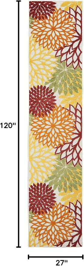 Nourison Aloha Indoor/Outdoor Red Multi Colored 2'3" x 10' Area Rug, Tropical, Botanical, Easy Cleaning, Non Shedding, Bed Room, Living Room, Dining Room, Deck, Backyard, Patio (2x10)