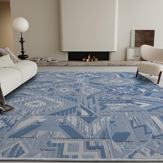 3D Boho Area Rugs 8x10 for Living Room Rug for Bedroom Dining Room Office Large High-Low Pile Woven Carpet with Durable Non Shedding Geometric Neutral Blue White