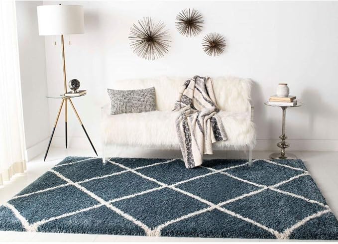 SAFAVIEH Hudson Shag Collection Area Rug - 5' Square, Slate Blue & Ivory, Modern Trellis Design, Non-Shedding & Easy Care, 2-inch Thick Ideal for High Traffic Areas in Living Room, Bedroom (SGH281L)