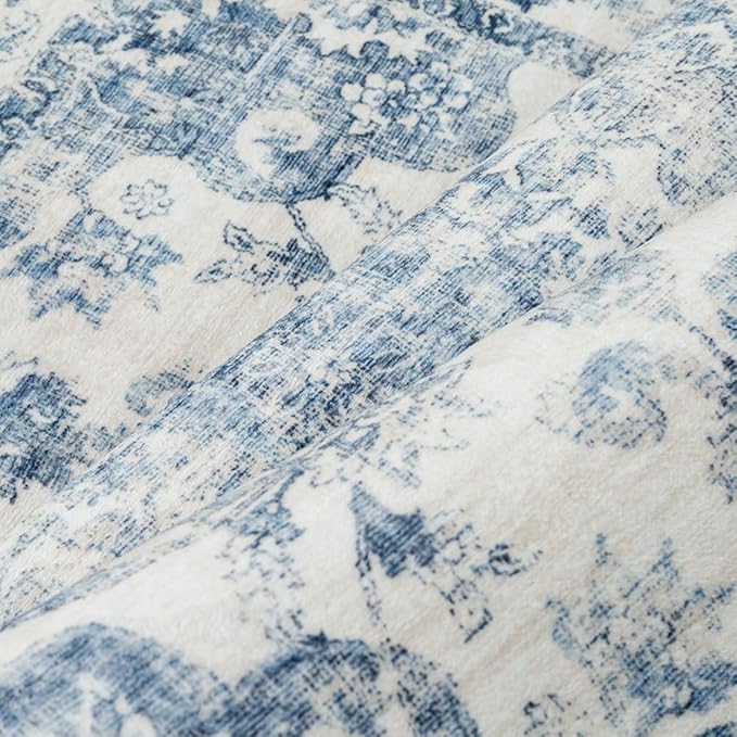 3x4 Washable Neutral Area Rug Blue Entryway Non-Slip Low Pile Floral Door Mat Vintage Lightweight Vacuumable Carpet Soft Thin Small Throw Rug for Bathroom Indoor