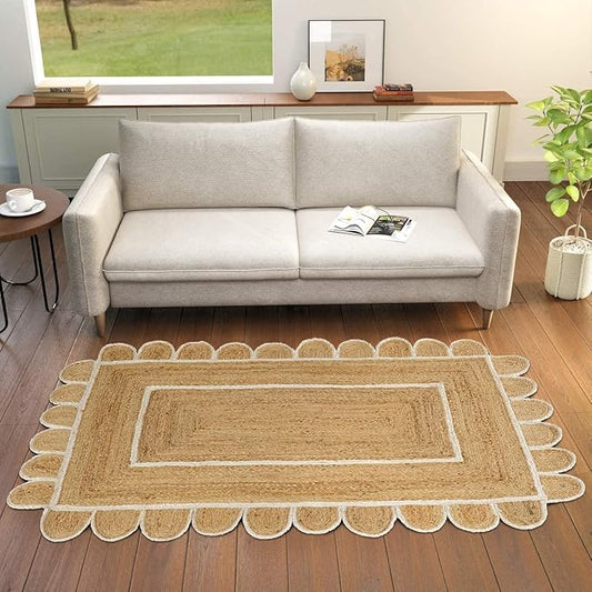 GRUHUM Scalloped Jute Area Rug 3x5ft Rectangle Natural Base Off White Trim Handwoven Boho Reversible Soft Braided Farmhouse Indoor EcoFriendly Living Room Bedroom Kitchen Hallways Enterways (Doormat)