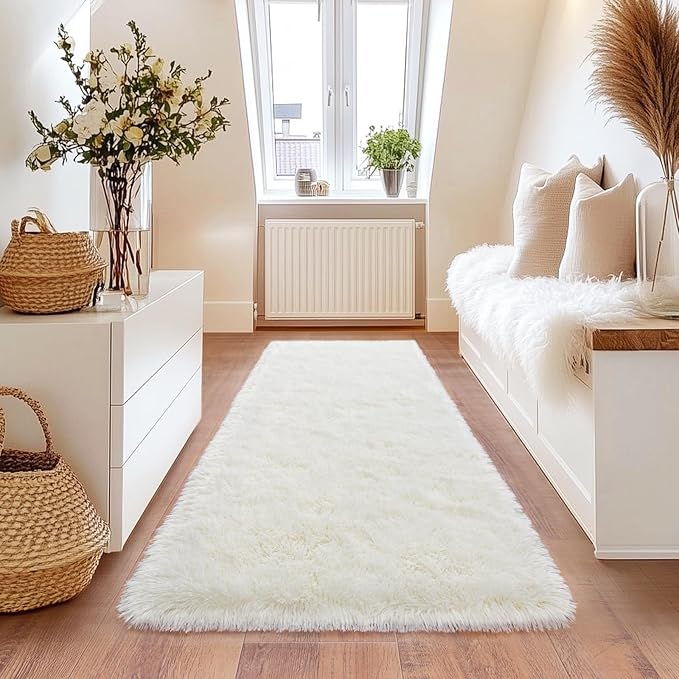 Cream White Runner Rug for Hallway, Bedroom Bedside Plush Rugs, Non Slip Fluffy Shaggy Carpet for Kids Home Decor, Dorm Nursery 2x6 Ft
