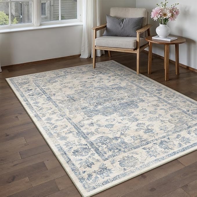 4x5 Washable Neutral Area Rug Blue Floral Living Room Bedroom Carpet Non-Slip Low Pile Vintage Lightweight Vacuumable Soft Throw Rug for Dining Room Entryway Office Kitchen