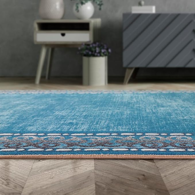 Antep Rugs Alfombras Bordered Modern 3x5 Non-Slip (Non-Skid) Low Pile Rubber Backing Indoor Area Rug (Turquoise Blue, 3' x 5')