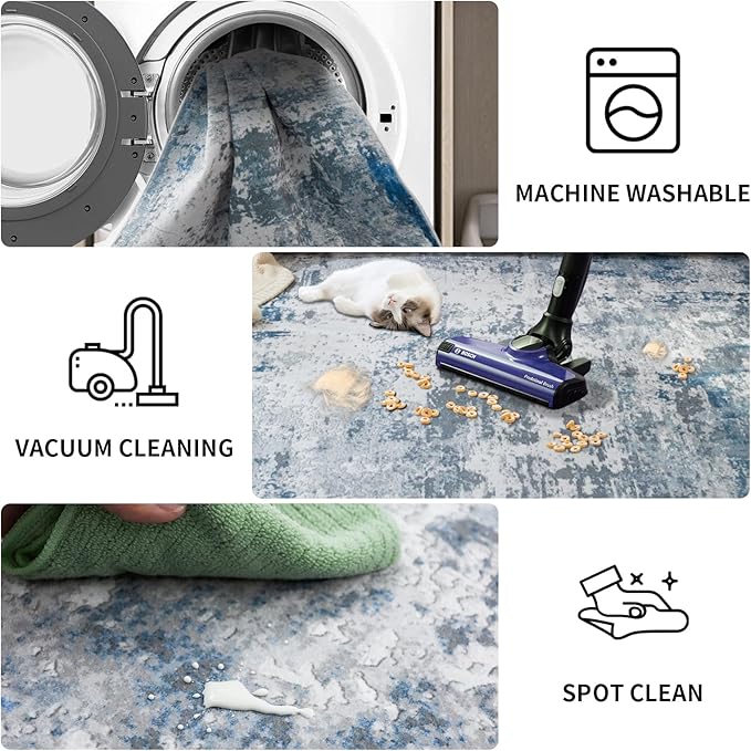 Area Rug 8x10 Machine Washable Rug Vintage Traditional Floor Cover Foldable Thin Retro Indoor Non Slip Carpet Floral Print Mat Bedroom Living Room Dining Room Office,Visus Blue