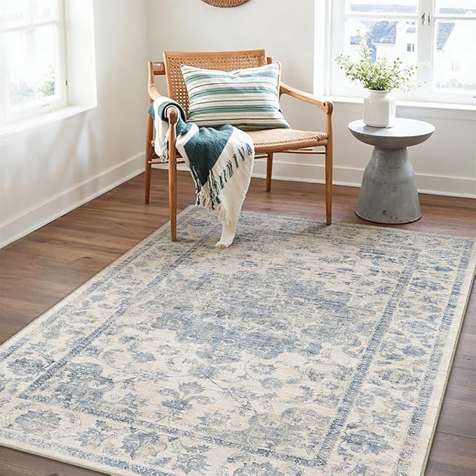 3x4 Washable Neutral Area Rug Blue Entryway Non-Slip Low Pile Floral Door Mat Vintage Lightweight Vacuumable Carpet Soft Thin Small Throw Rug for Bathroom Indoor