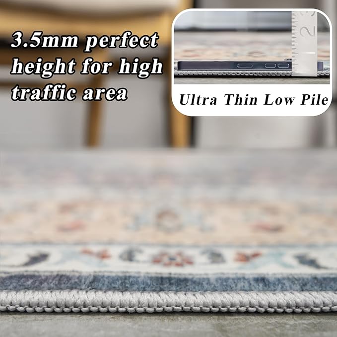 10x14 Area Rugs Living Room: Extra Large Washable Area Rug Super Soft Distressed Oriental Rugs with Non-Slip Backing Farmhouse Rug Low Pile Thin Stain Resistant Indoor Carpets 10'x14' Blue/Multi