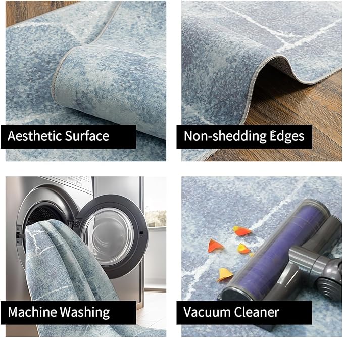 Area Rug 8x10 Machine Washable Rug Vintage Traditional Floor Cover Foldable Thin Retro Indoor Non Slip Carpet Floral Print Mat Bedroom Living Room Dining Room Office,Line Blue