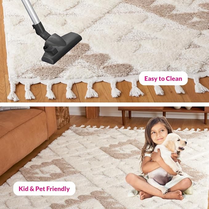 Safavieh Area Rug 8x10 - Moroccan Tassel Shag Collection - Large - Ivory & Beige, Boho Design, Non-Shedding & Easy Cleaning, Plush Pile, Ideal for Living Room, Bedroom, Dining Space (MTS688B)