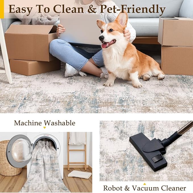 8x10 Washable Area Rug Beige Blue Neutral Abstract Living Room Bedroom Large Throw Rug Non Slip Soft Low Pile Indoor Floor Carpet for Dining Room Kitchen Office Entryway