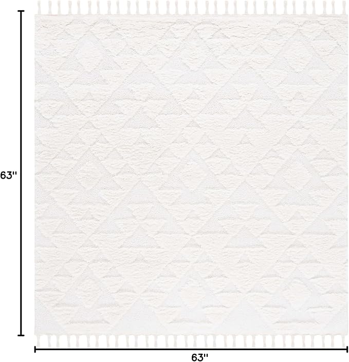 Safavieh Moroccan Tassel Shag Collection Area Rug - 5'3" Square, Ivory, Geometric Design, Plush 1.5 Inch Thick Ideal for High Traffic Areas in Living Room, Bedroom, Dining (MTS688C)