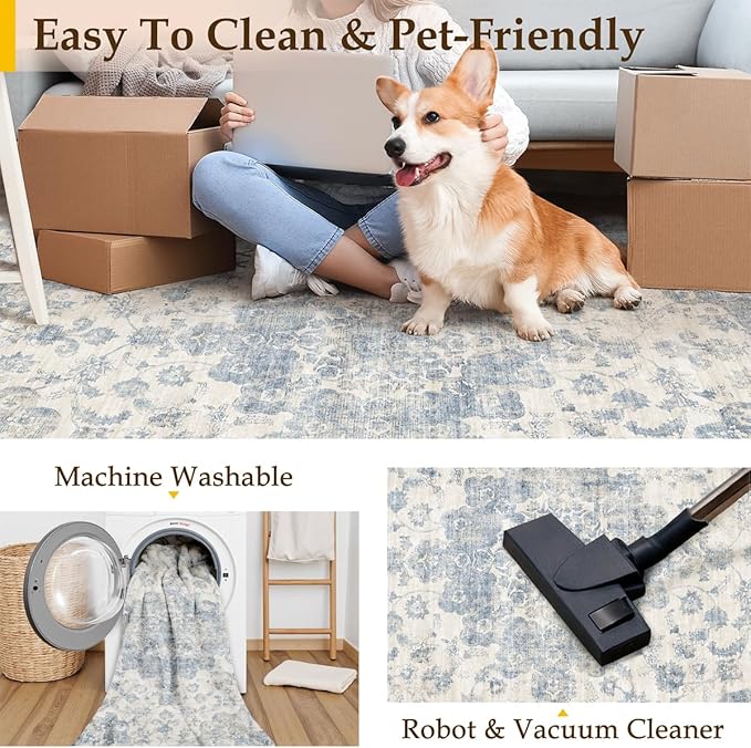 4x5 Washable Neutral Area Rug Blue Floral Living Room Bedroom Carpet Non-Slip Low Pile Vintage Lightweight Vacuumable Soft Throw Rug for Dining Room Entryway Office Kitchen