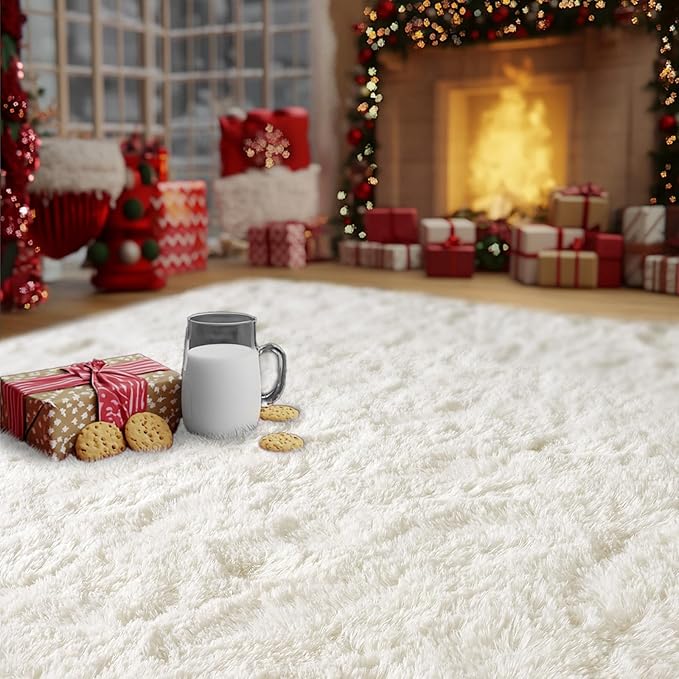 Cream White Plush Rug for Living Room Fuzzy Carpet for Bedroom Dorm, Non-Slip High Pile Rug, Shag Rug for Playroom Nursery Home Office Decor 5X7 Ft