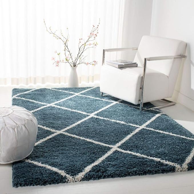 SAFAVIEH Hudson Shag Collection Area Rug - 5' Square, Slate Blue & Ivory, Modern Trellis Design, Non-Shedding & Easy Care, 2-inch Thick Ideal for High Traffic Areas in Living Room, Bedroom (SGH281L)