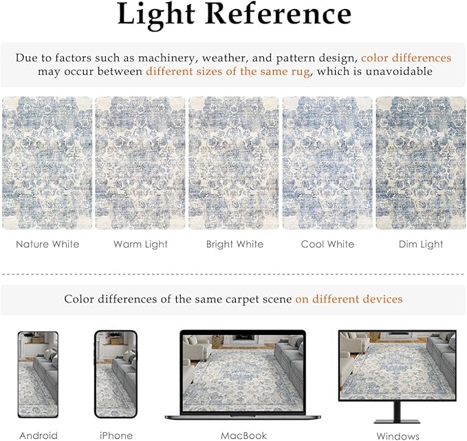 3x5 Washable Neutral Area Rug Blue Entryway Non-Slip Low Pile Floral Door Mat Vintage Lightweight Vacuumable Carpet Soft Thin Small Throw Rug for Bathroom Indoor