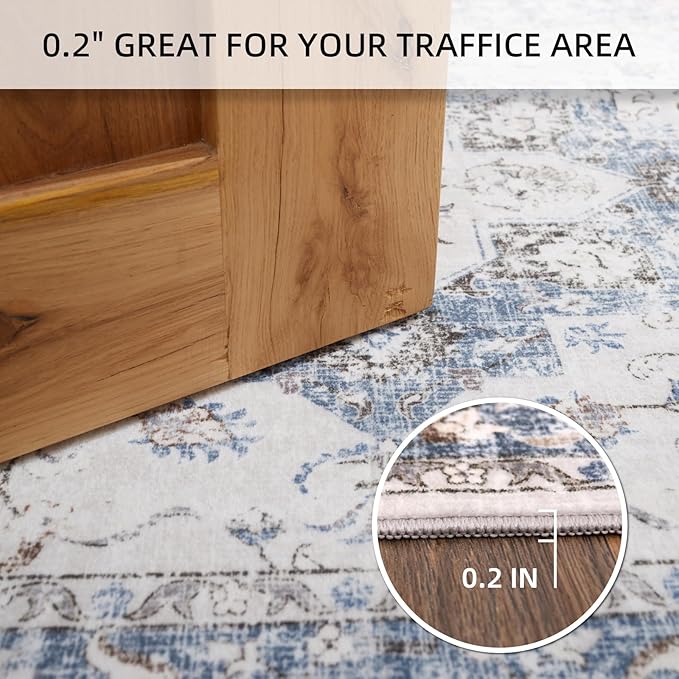 Area Rug 5x7 Machine Washable Rug Vintage Traditional Floor Cover Foldable Thin Retro Indoor Non Slip Carpet Floral Print Mat Bedroom Living Room Dining Room Office,Numerous Flower Blue