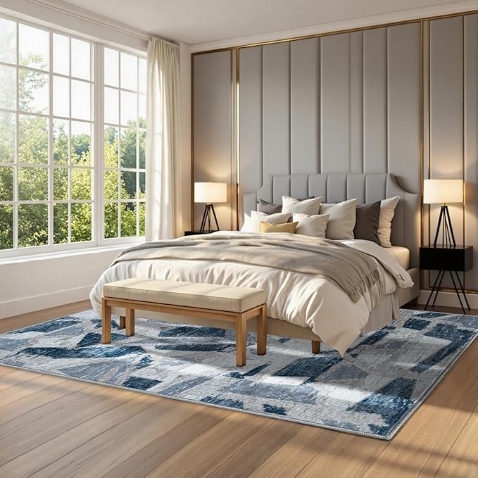 8X10 Area Rugs for Living Room Bedroom,Modern Abstract Large Carpet Washable Rugs 8x10 for Dining Room Office,Non Slip Blue Print Faux Wool Thin 8 by 10 Indoor Nursery Kids Home Pet & Child Friendly