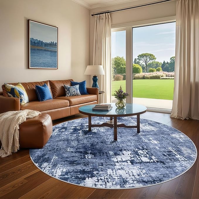 8ft Round Area Rug Living Room Rugs - 8x8 Washable Large Soft Indoor Neutral Modern Abstract Low Pile Rug Carpet for Bedroom Dining Room Farmhouse Home Office - Navy Blue