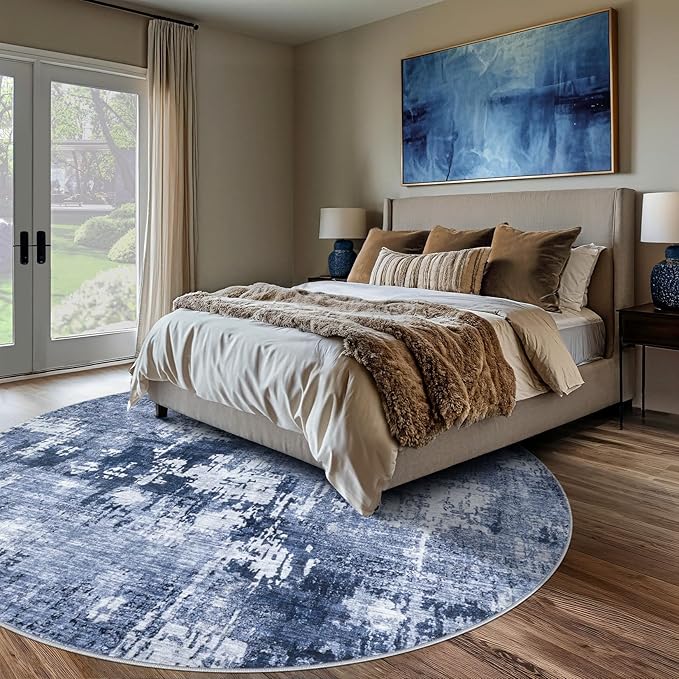 8ft Round Area Rug Living Room Rugs - 8x8 Washable Large Soft Indoor Neutral Modern Abstract Low Pile Rug Carpet for Bedroom Dining Room Farmhouse Home Office - Navy Blue