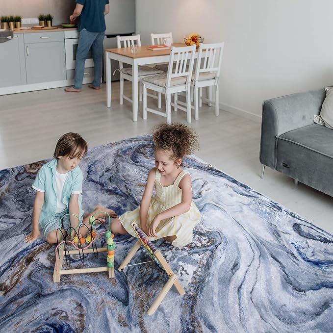 4x6 Washable Area Rugs for Living Room, Blue Modern Abstract Rug Entryway Kitchen Non Slip Throw Rug, Stain Resistant Carpet for Dining Room Playroom Bedroom, Pet & Kids Friendly