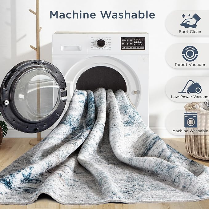 8x10 Washable Area Rug for Living Room, Non-Slip Soft Modern Abstract Large Carpet, Low Pile Neutral Rugs for Bedroom, Dining Room, Home Office, Dorm, Indoor Decor, Navy Blue