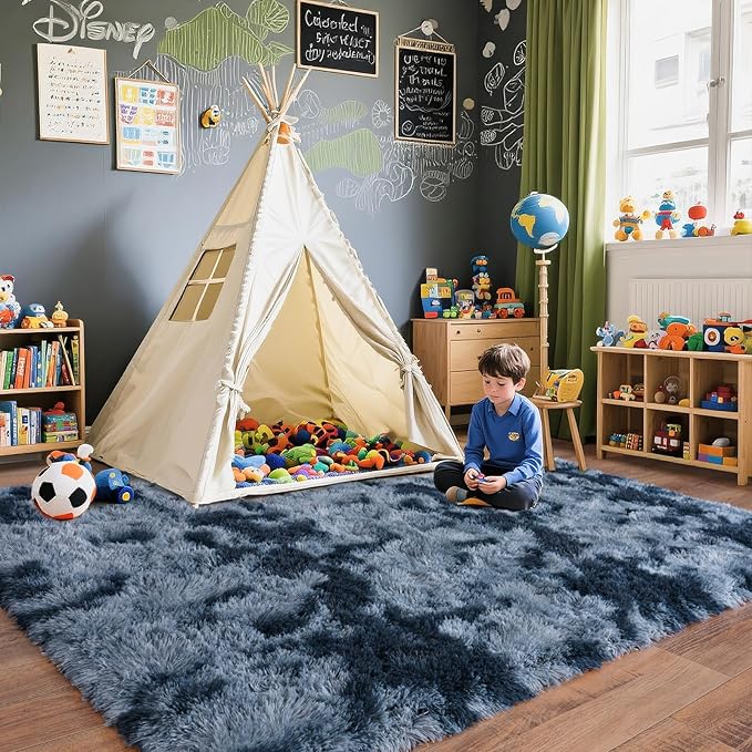 8x10 Rug for Living Room, Fuzzy Plush Large Area Rug, Fluffy Modern Shag Non Slip Soft Furry Carpet for Bedroom Kids Room Nursery Teens Dorm Home Decor, Blue Grey