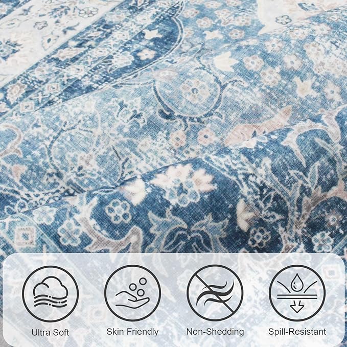 ANSSO 6x9 Area Rug, Extra Soft Vintage Faux Wool Washable Rug, Pets & Kids Friendly Carpet with Non-Shedding for Bedroom, Apartment, Living Room, Office Decor Mist Blue