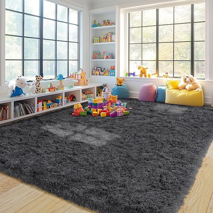 8x10 Rug for Living Room, Fuzzy Plush Large Area Rug, Fluffy Modern Shag Non Slip Soft Furry Carpet for Bedroom Kids Room Nursery Teens Dorm Home Decor, Charcoal Grey