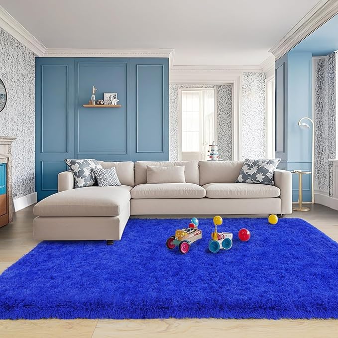 8x10 Rug for Living Room, Fuzzy Plush Large Area Rug, Fluffy Modern Shag Non Slip Soft Furry Carpet for Bedroom Kids Room Nursery Teens Dorm Home Decor, Royal Blue