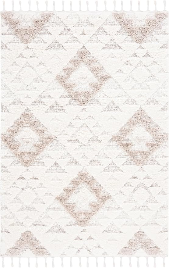 Safavieh Area Rug 8x10 - Moroccan Tassel Shag Collection - Large - Ivory & Beige, Boho Design, Non-Shedding & Easy Cleaning, Plush Pile, Ideal for Living Room, Bedroom, Dining Space (MTS688B)