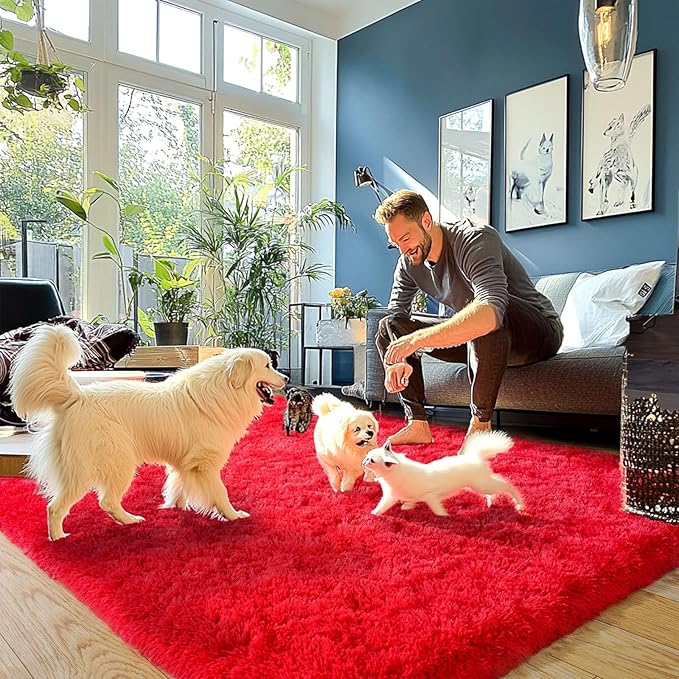 Red Fluffy Rug Plush Carpet for Bedroom Dorm, Non-Slip High Pile Rug, Shag Rug for Playroom Nursery Home Office Decor 9X12 Ft