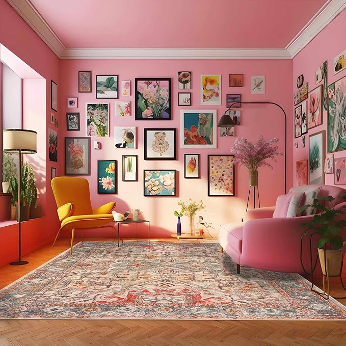 Bolinas Traditional Oriental Living Room Area Rug - Bohemian Vintage Look - Boho Style - Contemporary Abstract Carpet - Multicolor, Beige, Red, Green - 7'10" x 10'3"