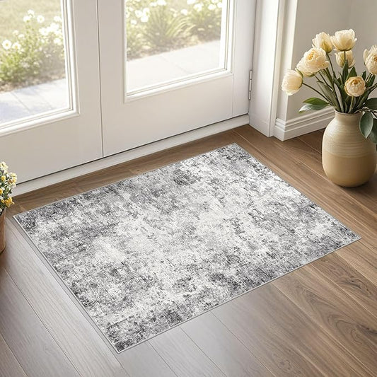 2x3 Entryway Area Rug: Washable Neutral Modern Abstract Small Rug - Non-Slip Low Pile Throw Indoor Carpet for Entrance Kitchen Front Door Mat Bathroom Entry Kids Room - Grey