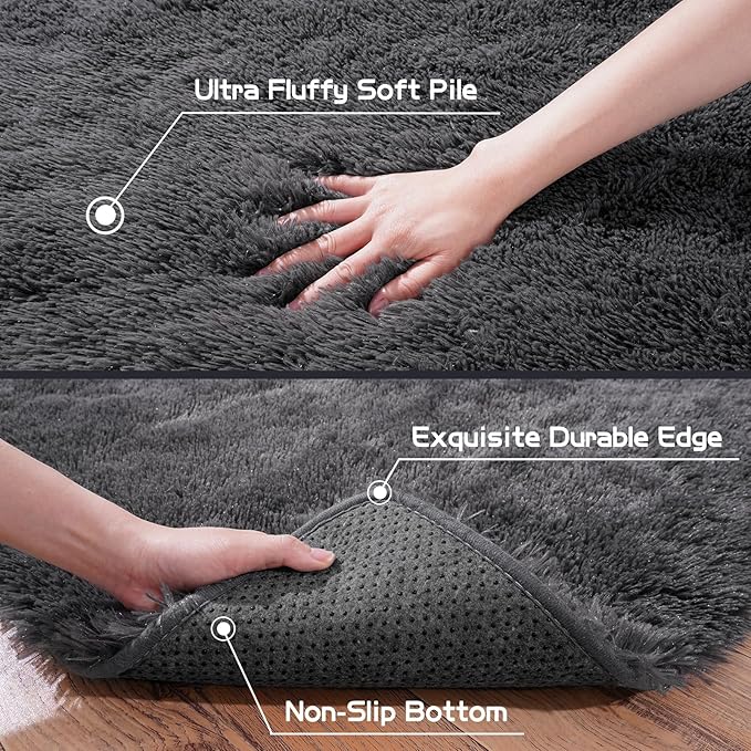 8x10 Rug for Living Room, Fuzzy Plush Large Area Rug, Fluffy Modern Shag Non Slip Soft Furry Carpet for Bedroom Kids Room Nursery Teens Dorm Home Decor, Charcoal Grey