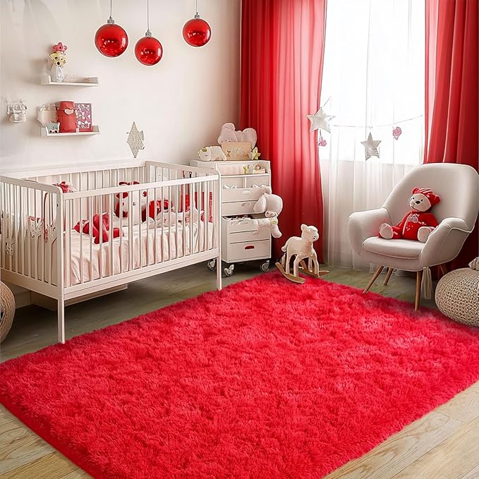 Red Fluffy Rug Plush Carpet for Bedroom Dorm, Non-Slip High Pile Rug, Shag Rug for Playroom Nursery Home Office Decor 9X12 Ft
