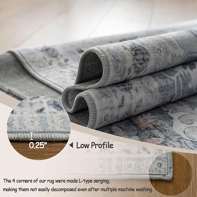 4x6 Washable Area Rug with Non-Slip Backing Low-Pile Soft Bohemian Distressed Boho Printed Rug for Living Room, Entryway, Bedroom, Home Office, Farmhouse- Blue/Gray