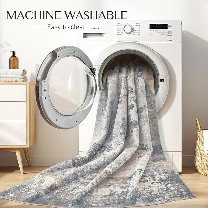 Abstract Living Room Rug 10x12 - Modern Washable Soft Thin Area Rug for Living Room Bedroom Under Dining Table - Neutral Indoor Floor Rug Carpets for Home Office Playroom Nursery - Blue Gold