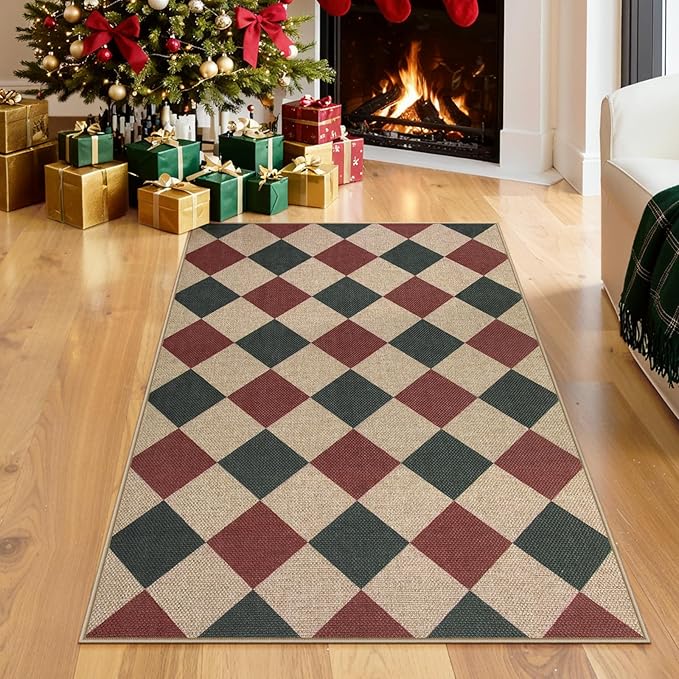 Lahome Christmas Checkered 3x5 Rug, Christmas Indoor Mats for Entryway Front Porch Indoor Outdoor Carpet, Checkerboard Green and Red Non Shedding Carpet for Patio Kitchen