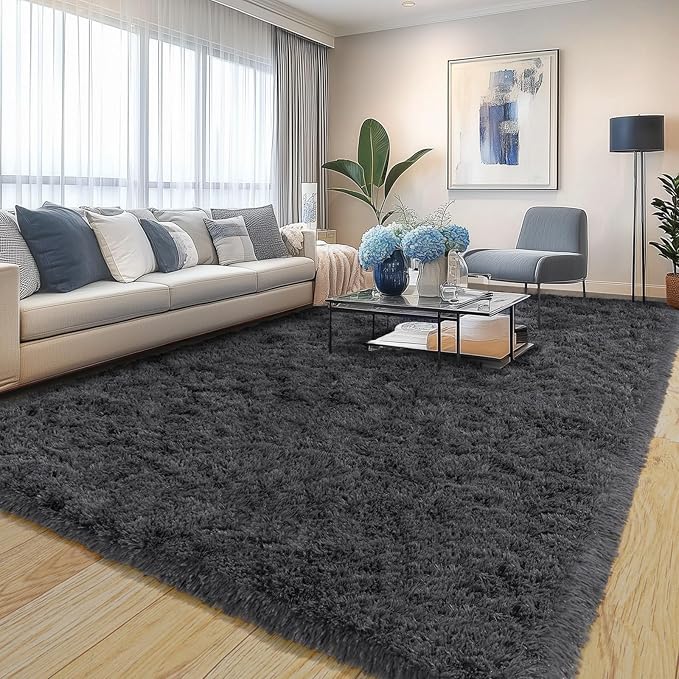 8x10 Rug for Living Room, Fuzzy Plush Large Area Rug, Fluffy Modern Shag Non Slip Soft Furry Carpet for Bedroom Kids Room Nursery Teens Dorm Home Decor, Charcoal Grey